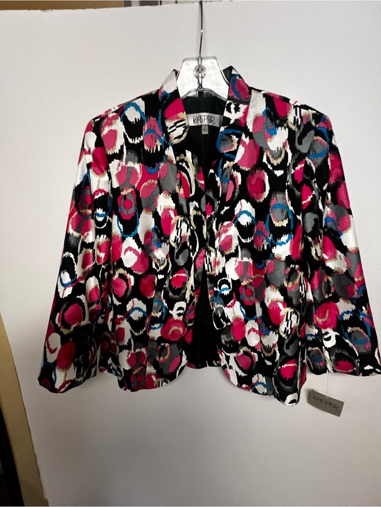Kasper Jackets & Blazers - KASPER MULTICOLOR OPEN FRONT PRINTED BLAZER PINK/WHITE/BLACK/BLUE  BLACK LINING